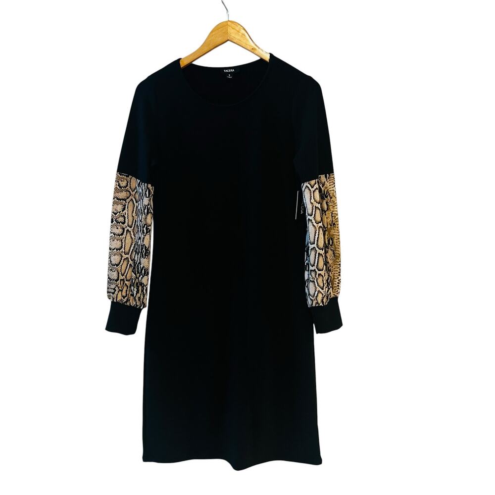 Tacera Snake Print Sleeve Black Sweater Dress Size S Small NWT